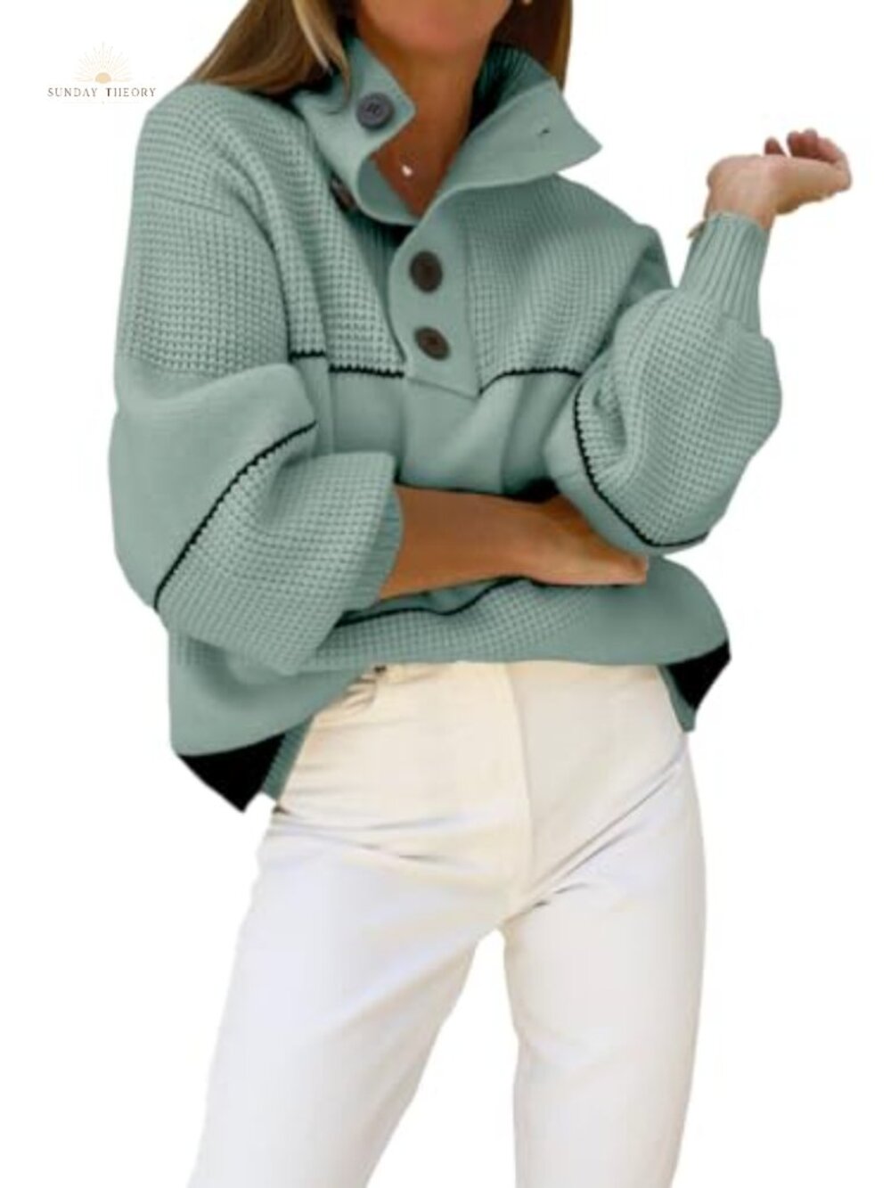 Oversized Waffle Knit Polo Collared Pullover Sweater Button Turtleneck